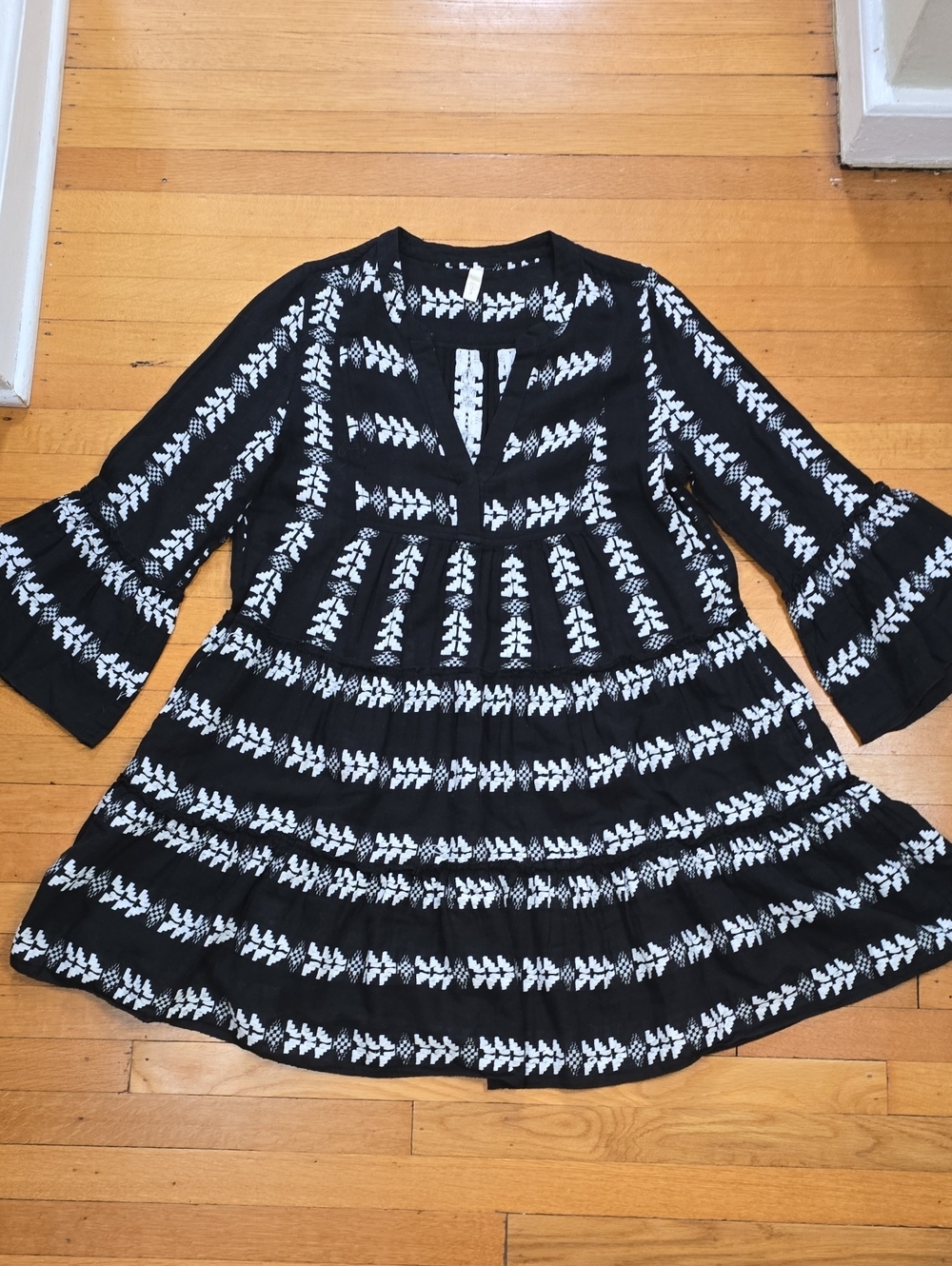 Elan, Embroidered Two-Tiered Boho Tunic Dress, Black/White, EUC, Women's L